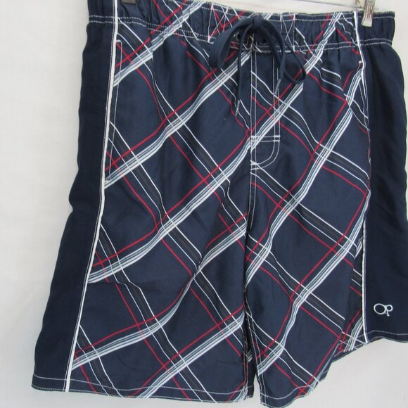OP Men's Dark Navy with White & Red Stripe 8 1/2" Inseam Swim Trunks L (36-38) - Picture 2 of 10